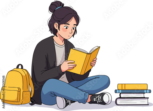 Young woman studying with books and backpack in cozy indoor setting