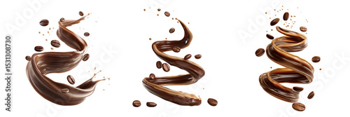 A dynamic swirl of coffee and flying coffee beans on transparent background