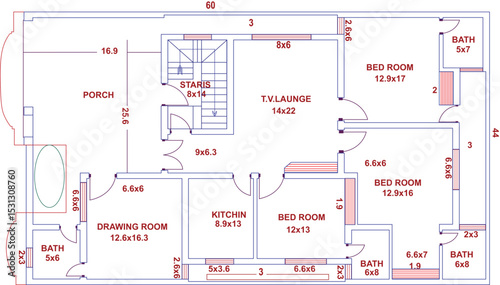 Residential floor plan vector showing architectural blueprint of a 3 bedroom house with kitchen, porch, lounge, stairs, and attached bathrooms