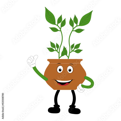 Plant pot mascot cartoon character, Cute Potted Plant Mascot with Vibrant Leaves. Flat Art Plant Mascot, Perfect for Logos and Stickers