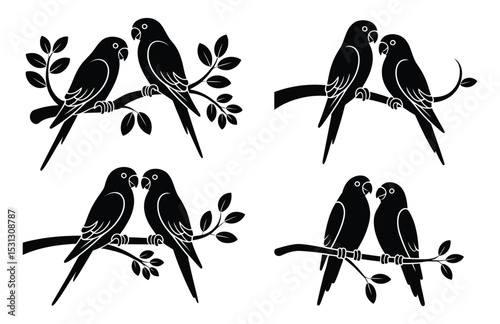 "Romantic Parrot Silhouettes on Branch – Vector Lovebird Set in Black"

