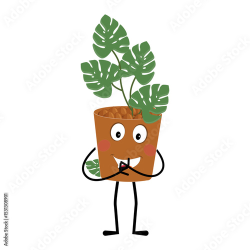 Plant pot mascot cartoon character, Cute Potted Plant Mascot with Vibrant Leaves. Flat Art Plant Mascot, Perfect for Logos and Stickers