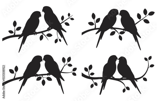 "Romantic Parrot Silhouettes on Branch – Vector Lovebird Set in Black"

