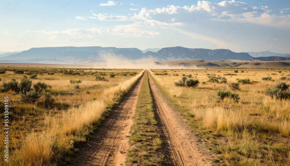Naklejka premium Worn Pathway Through Vast Empty Plain Under Heat Haze and Dust