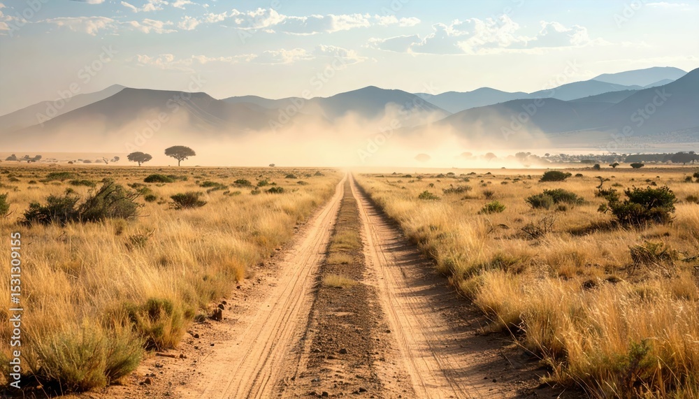 Naklejka premium Dusty Pathway Through Vast Empty Plain Under Hazy Distant Mountains