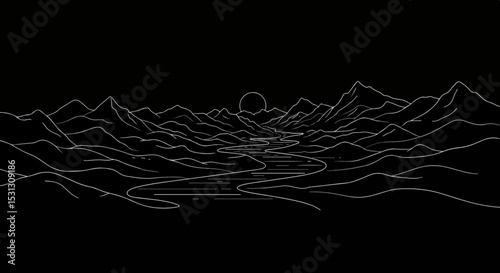 Black and white vector illustration of a mountainous landscape with rivers