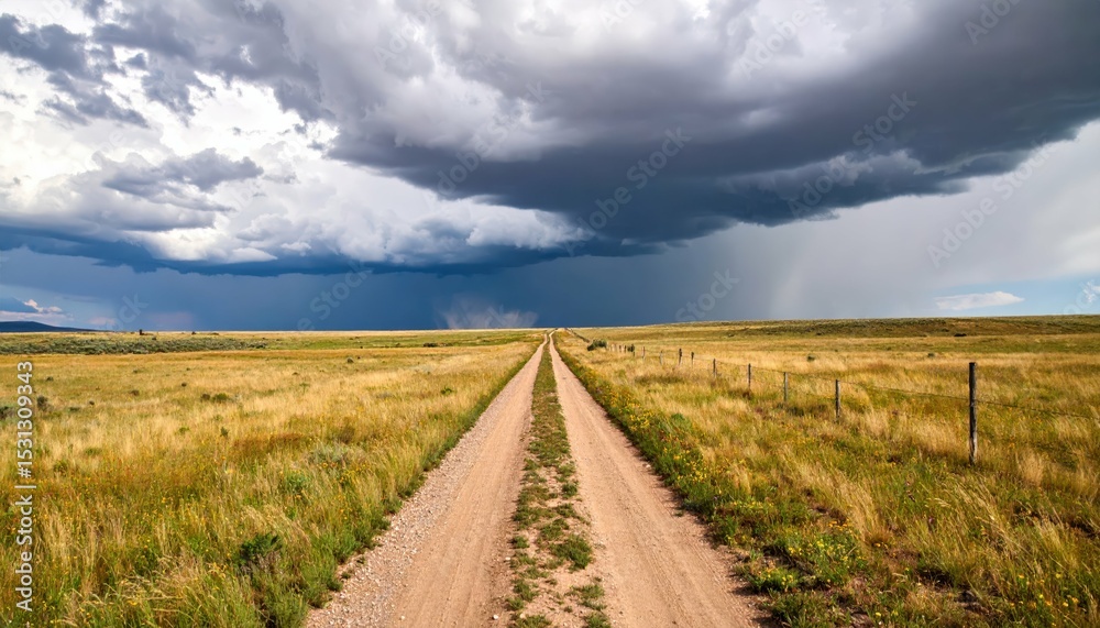 Naklejka premium Dramatic Storm Clouds Over Worn Dirt Pathway in Vast Empty Plain