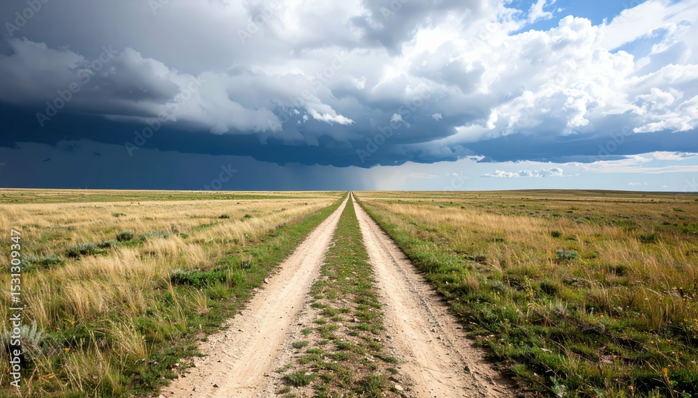 Fototapeta premium Vast Empty Pathway Through Dramatic Storm Clouds Over Plain