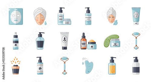 Vector icons Set of  Assorted skincare products including creams serums rollers masks and cleansers. Vector Illustrations