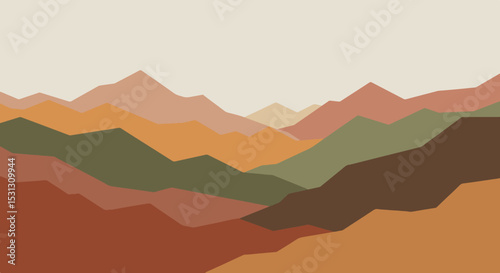 Geometric mountain ranges in a serene landscape with earthy tones
