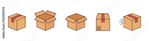 Delivery carton boxes set. Containing open cardboard, fast delivery box, container, parcel protection, storage, good packing, product shipping, merchandise 