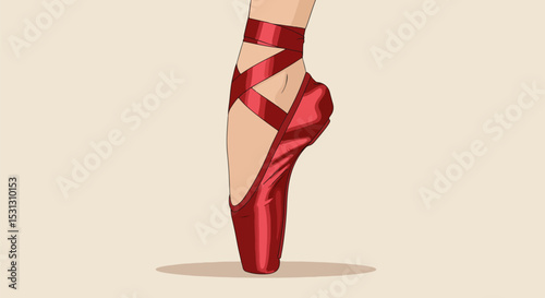 Close-up of a ballet dancer's foot in a red pointe shoe with pink ribbons