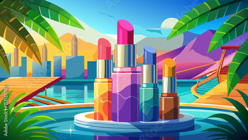 Vibrant lipstick colors tropical poolside cosmetic photography bright atmosphere close-up beauty concept Very beautiful