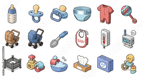 Vector icons Set of  Assortment of Baby Essentials Illustrated Icons of Care and Comfort. Vector Illustrations