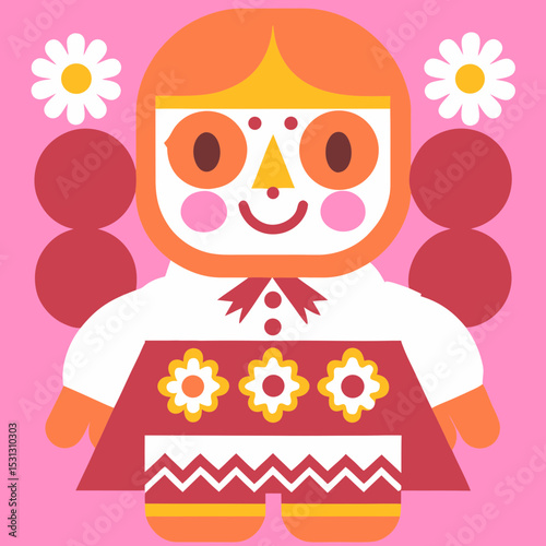 Colorful doll illustration with flowers on a pink background  