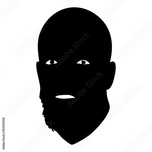Vector art of a stark black silhouette of a mans face, isolated on white background, his expression unreadable yet commanding