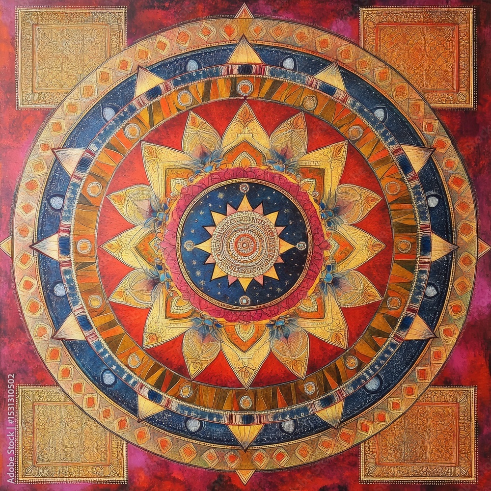 Naklejka premium Intricate Mandala Art with Geometric Patterns and Vibrant Color Palette