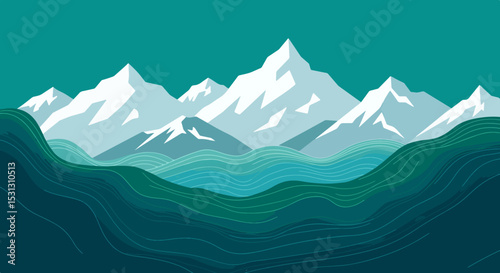Vector illustration of a serene mountain range with snow-capped peaks and a valley