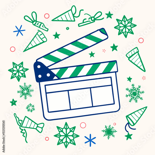 Christmas-themed clapperboard surrounded by festive decorations