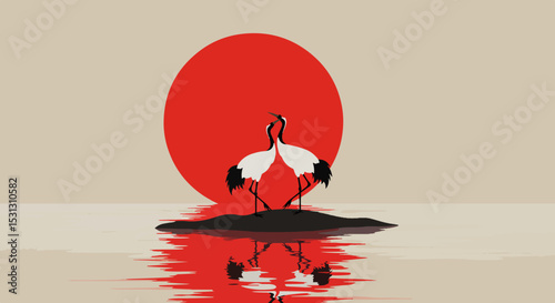 Two stylized black and white cranes standing on a dark landmass with a red circle background