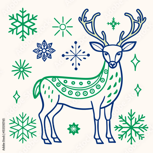 Illustrated reindeer with green and blue decorations and snowflakes  