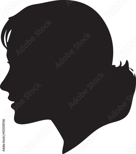 Vector art of a stark black silhouette of a womans profile, isolated on white background, her gaze directed to the side, suggesting contemplation or a distant memory