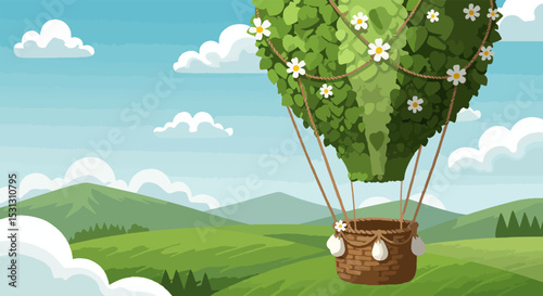 Whimsical hot air balloon made from a green bush with white flowers in a scenic landscape
