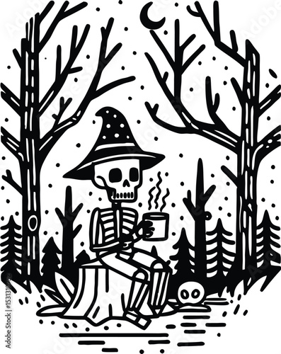 Skeleton Witch Sipping Coffee in a Forest Under the Moon