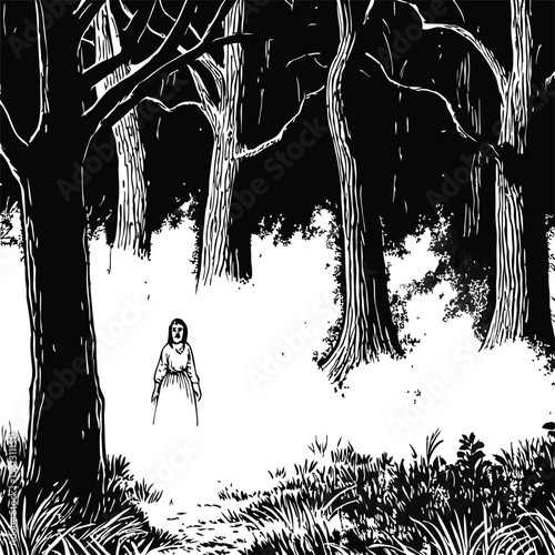 Monochrome Illustration of a Woman in a Forest with Tall Trees