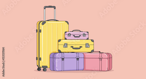 Stack of five colorful suitcases in pyramid formation on pink background
