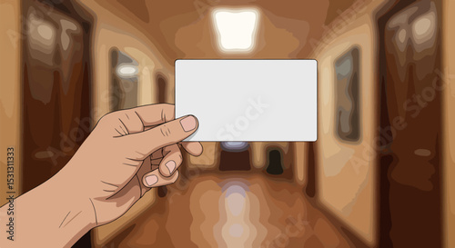 Close-up of a hand holding a blank rectangular sign in a dimly lit, narrow corridor