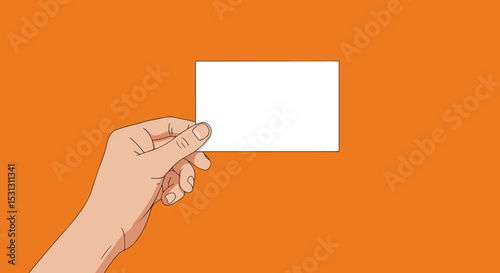Female hand with ring holding blank white card on vibrant orange background