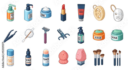 Vector icons Set of  Assortment of Skincare and Beauty Products Illustrated with Isometric Perspective. Vector Illustrations