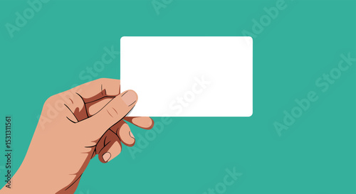 Female hand holding a blank white card against a solid green background