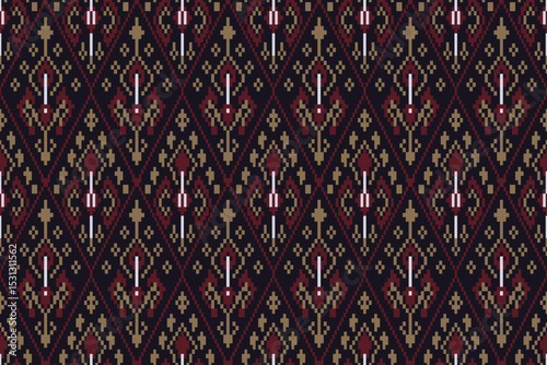 Pixel art ikat pattern with traditional geometric diamond design in earthy burgundy and olive tones, seamless ethnic textile background ideal for digital prints, crafts, and cultural decor themes.