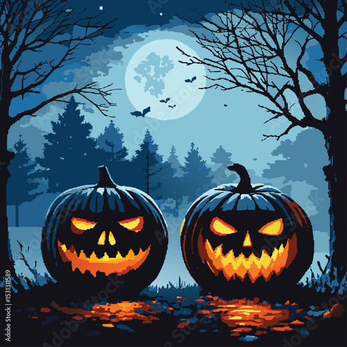 Spooky Halloween Night Scene with Jack O Lanterns and Full Moon