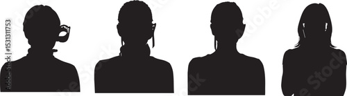 Vector art of four anonymous female silhouettes, isolated on white background, each with unique features suggesting individual identities and possibly professions