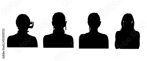 Vector art of four anonymous female silhouettes, isolated on white background, each with unique features suggesting individual identities and possibly professions