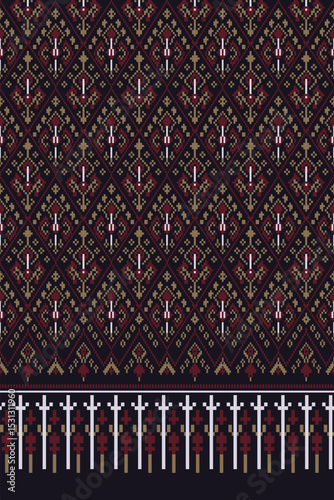 Pixel art ikat pattern with traditional geometric diamond design in earthy burgundy and olive tones, seamless ethnic textile background ideal for digital prints, crafts, and cultural decor themes.