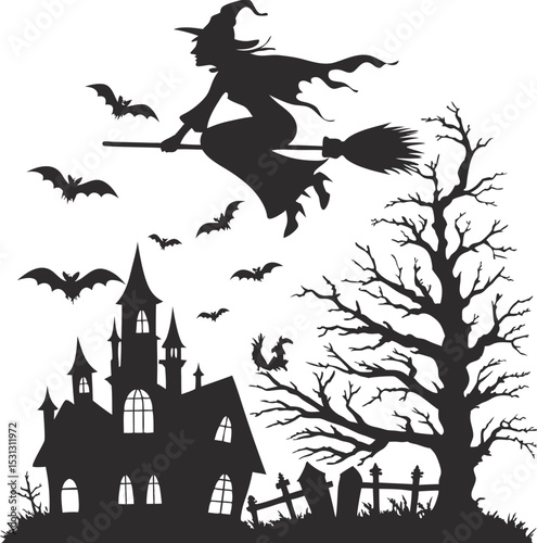 Halloween Silhouette Witch Flying Over Haunted House with Bats and Tree