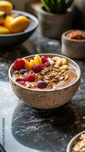 Healthy breakfast bowl with fruits and granola home kitchen food photography