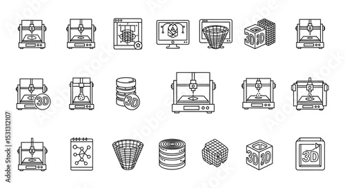 Vector icons Set of  Black outline icons of 3D printers models and design software. Vector Illustrations