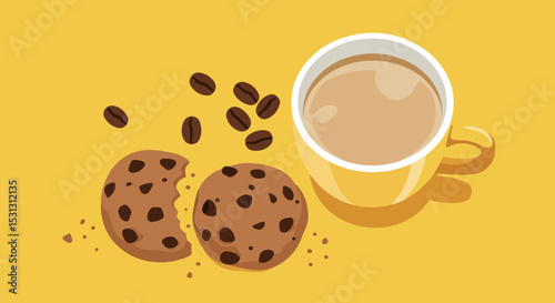 Two chocolate chip cookies with a latte in a white mug on a yellow background