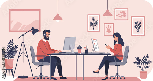 Man and woman working together in a cozy pink office with botanical prints and abstract painting