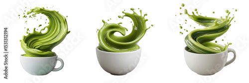 matcha green tea swirling upward in a spiral splash from a white ceramic cup on a transparent white background