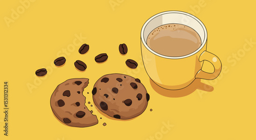Two chocolate chip cookies with one partially eaten, coffee beans, and a white ceramic mug of coffee on a bright yellow background