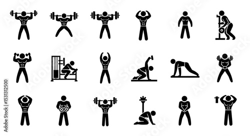 Vector icons Set of  Black silhouette icons depicting various weightlifting and bodyweight exercises. Vector Illustrations