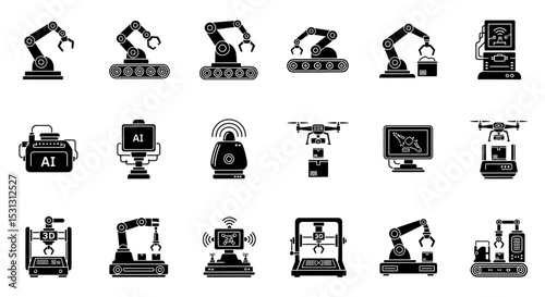 Vector icons Set of  Black silhouette icons of automated industrial machinery and robotic systems. Vector Illustrations