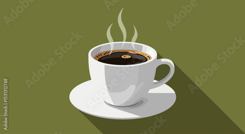 Steaming cup of coffee on saucer against green background