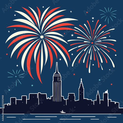 fireworks in red white and blue over city skylin.